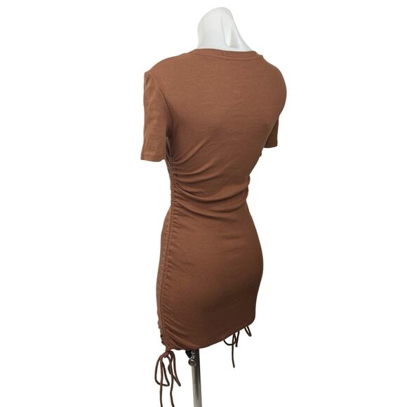 Zara Brown Ribbed Knit Short Sleeve Side Ruched Tie Mini Bodycon Dress Size S - Picture 9 of 12